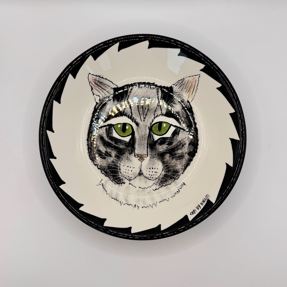 Nina Lyman green eyed tabby cat decorative bowl. 8" ceramic bowl. Cats By Nina.